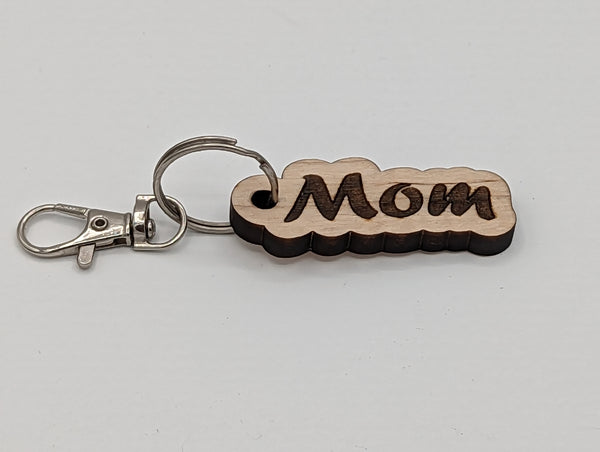 "Mom" - Wooden Keychain with Metal Clasp