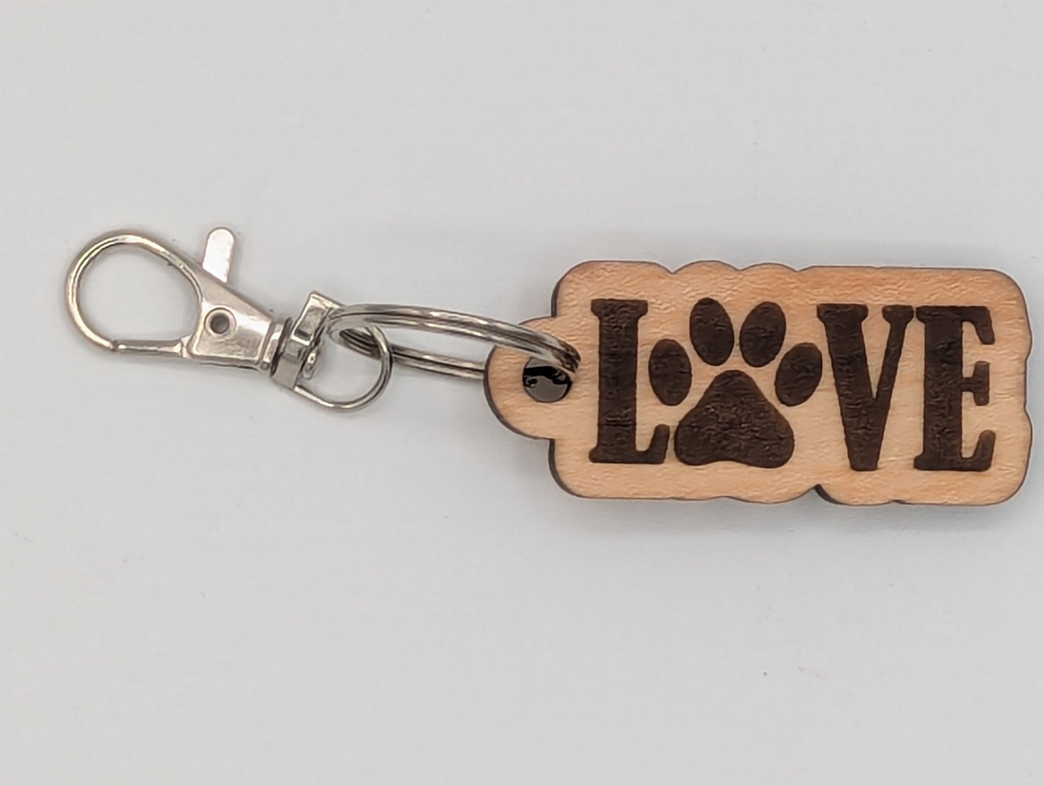 Love (with paw) - Wooden Keychain with Metal Clasp