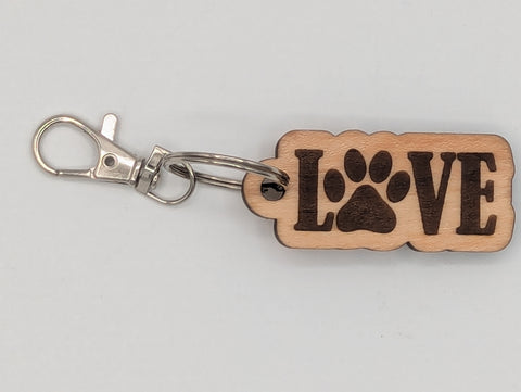 Love (with paw) - Wooden Keychain with Metal Clasp